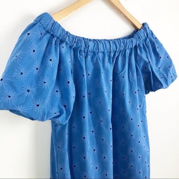 Zara Floral Openwork Textured Blue Off Shoulder Mini Sun Dress Balloon Sleeve - Picture 7 of 15